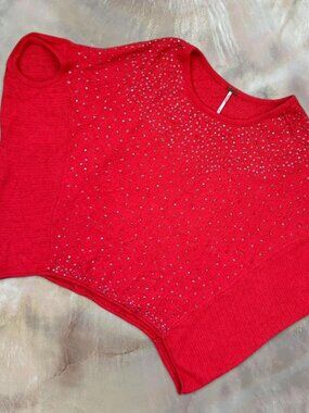 Free People Oversized Poncho Sweater Angora Rabbit Hair & Wool Sequin Coral Red